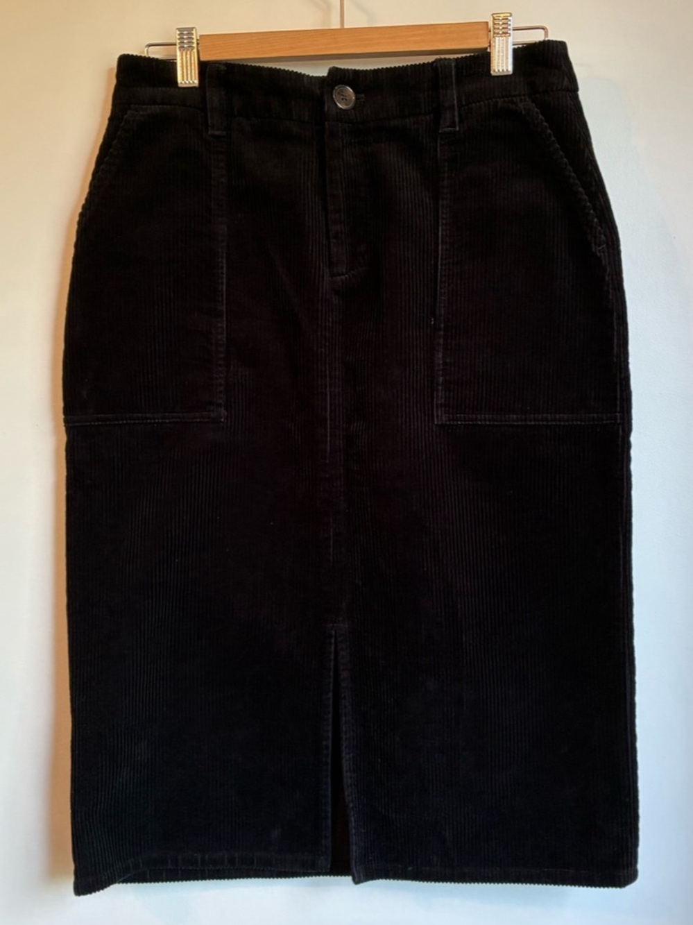 Simons Contemporaine Black Corduroy Front Slit Midi Skirt Pockets